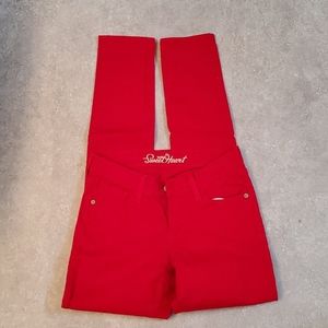 Bright red skinny jeans